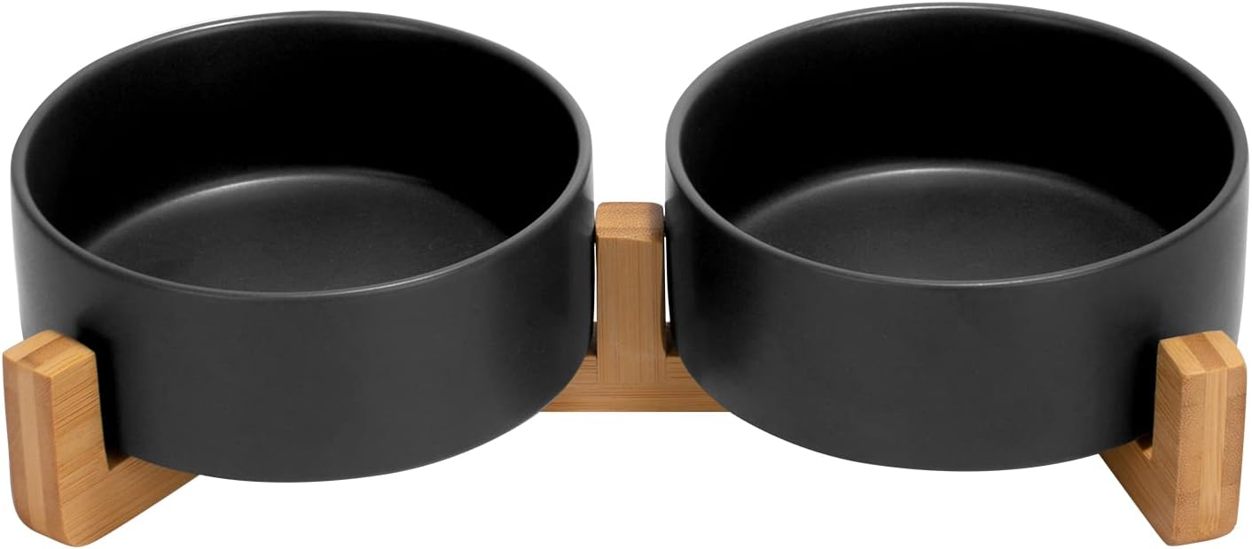 1.7 Black and Wooden SPUNKYJUNKY Ceramic Dog and Cat Bowl Set with Wooden Stand, Modern Cute Weighted Food Water Set for Small Size Dogs (13.5OZ) & Medium Sized Dogs (28.7OZ) & Cats (1.7 Cups, 2 × Black